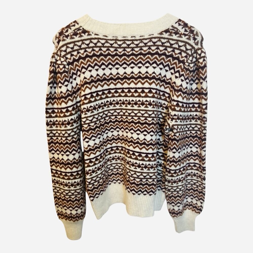 Evereve Haylo Fair Isle Pullover Sweater Size XL Puff Sleeve Cream Brown NWT - Picture 2 of 9